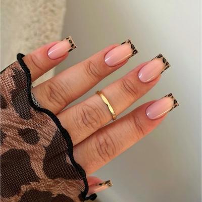24 шт. Накладные ногти с французским кончиком, короткие квадратные, леопардовый принт, акриловые, глянцевые, полное покрытие, наклейки для ногтей