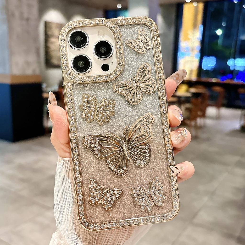 For iPhone 16 Pro Max Case Rhinestone Butterfly Decor TPU Phone Back Cover
