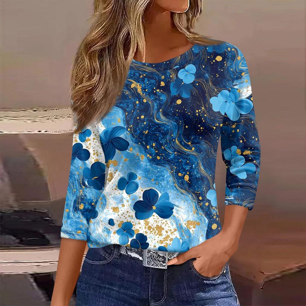 Женская футболка с принтом, рукав 3/4, повседневная, модная, на выходные, базовая, с круглым вырезом, стандартный топ
