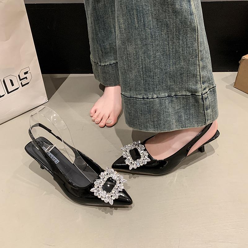 High Heels Women's Summer 2025 New European and American Fashion Pointed Rhinestone Square Buckle Thin Heel Bag Head Fashion Sandals Women