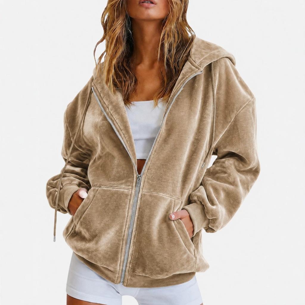 European and American golden velvet hooded sweater autumn and winter loose zipper cardigan jacket casual top