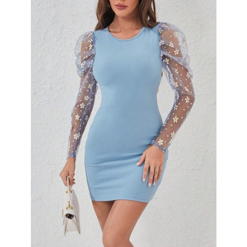 Women's Fashion Spring Fall Solid Color Print Long Sleeve O-Neck High Waist Casual Dresses