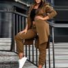 2 Pcs/Set Women Coat Pants Set Hooded Irregular Split Hem Zipper Closure Long Sleeve Loose Fleece Solid Color Elastic Waist Ankle-banded Trousers