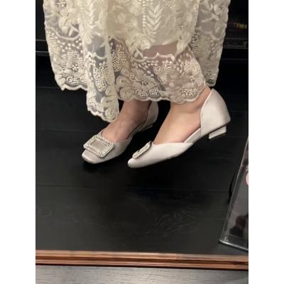 Внутренняя версия на платформе~ Нишевые туфли на низком каблуке со стразами и квадратной пряжкой, женские туфли-лодочки с мелким вырезом, французские ажурные сандалии для женщин