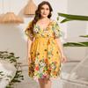 Женское платье с коротким рукавом, летние женские пляжные платья, желтое платье с цветочным принтом, платье больших размеров, вечернее платье с v-образным вырезом