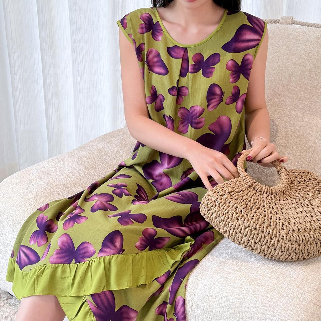 Holiday style sleeveless floral nightdress women's summer thin cotton and silk lotus leaf edge medium and long can be worn outside loungewear pajamas