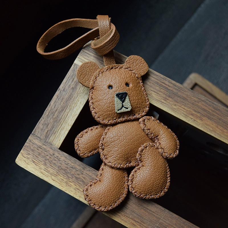 Original Design Teddy Puppet Bear Leather Car Key Bag Pendant Handmade Custom Gift Women's Keychain