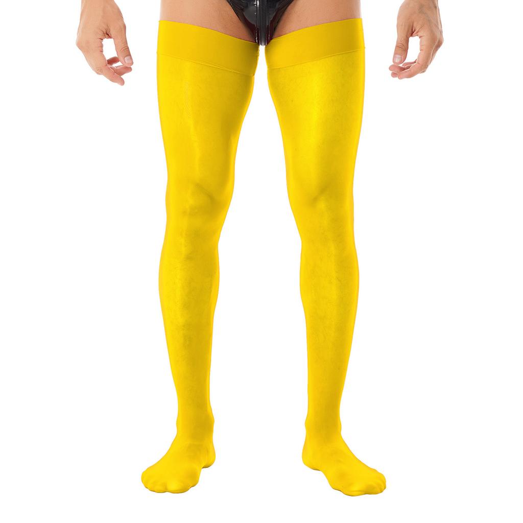 Men Glossy See-through Stockings Thin Shiny Solid Color Stretchy Sheer Thigh High Socks