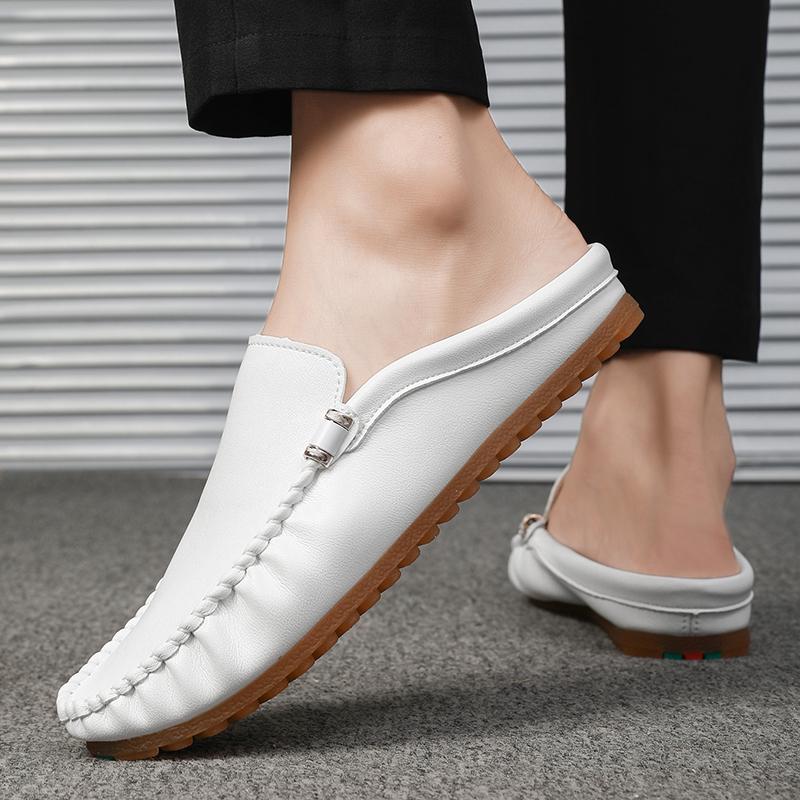 Leather Half Shoes for Men Backless Loafers Slippers Mules Men Casual Shoes Outdoor Man Slides Men's Flats Non-slip Lazy Shoes