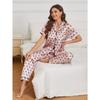 Heart Print Satin Pajama Set Casual Short Sleeve Buttons Lapel Top & Elastic Pants Women's Sleepwear