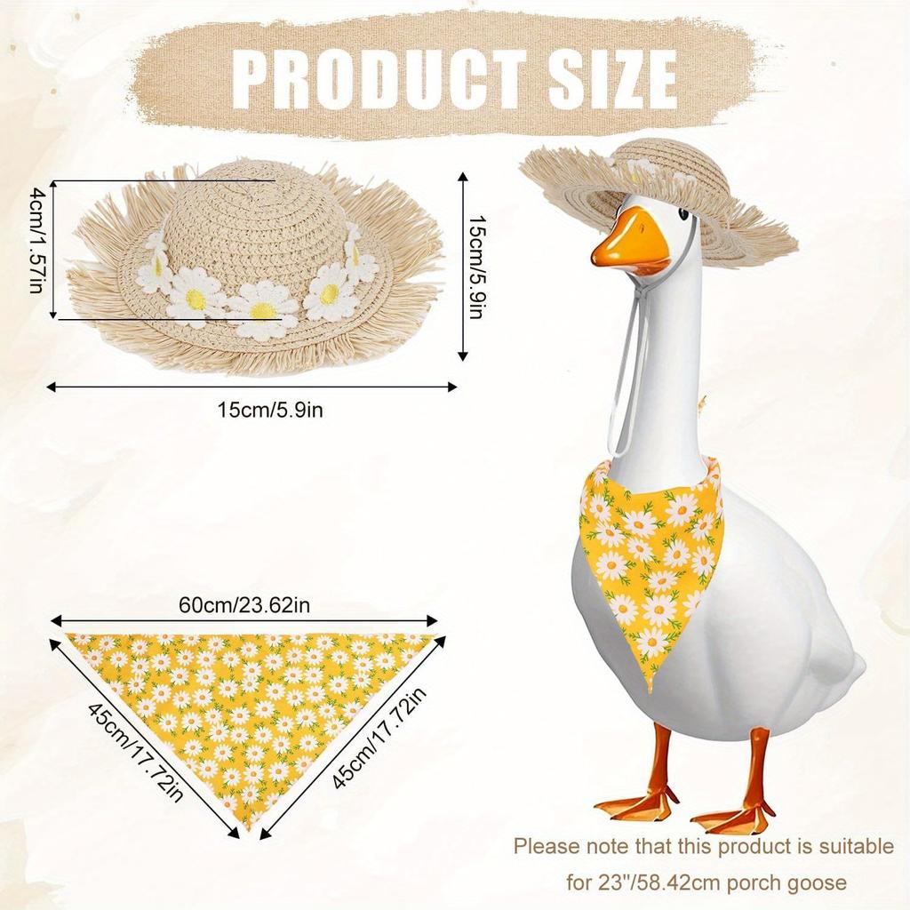 Pastoral Style Porch Goose Outfits, Summer Autumn Goose Clothes Dress Set Buckwheat Hat & Bandana Scarf for 23" Lawn Statue Pet Costume