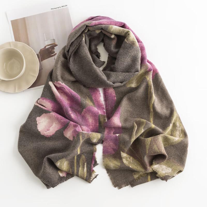 Women's Japanese Style Autumn Winter Hibiscus Print Faux Cashmere Shawl Scarf