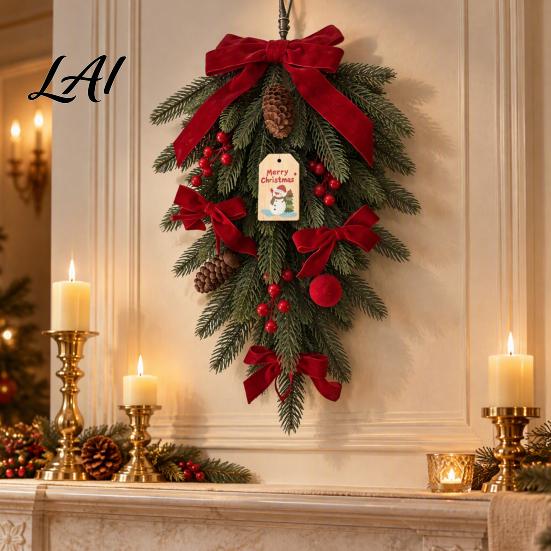 Commercial Christmas Mall Decor Teardrop Swag with LED Lights Artificial PE Pine Hanging Decoration Upside Down Door Ornaments Red Bow Pinecones