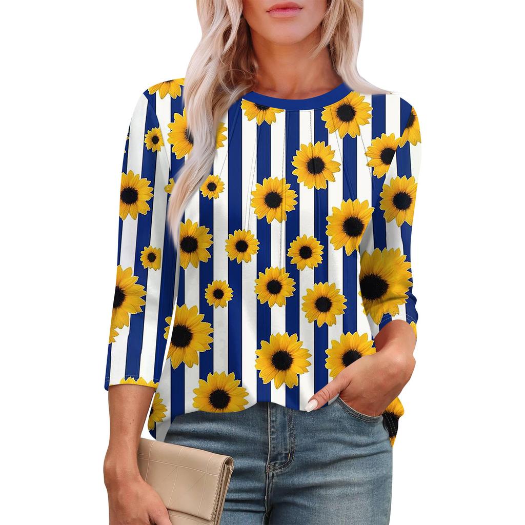 Women's Casual Round Neck Slim Sunflower Print Pleated Seven Sleeve Top