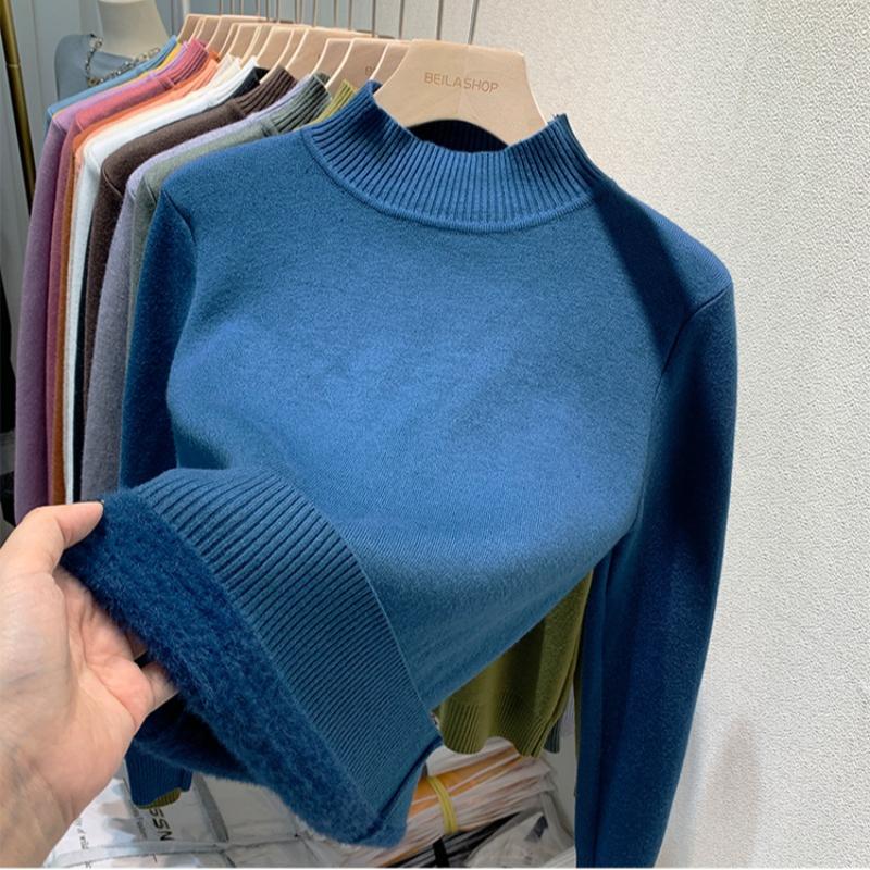 Свитер-пуловер из бархата с полувысоким воротом для женщин, осенне-зимний, толстый, плюшевый, теплый, вязаный, женский, винтажный, облегающий, повседневный, вязаный джемпер 25271