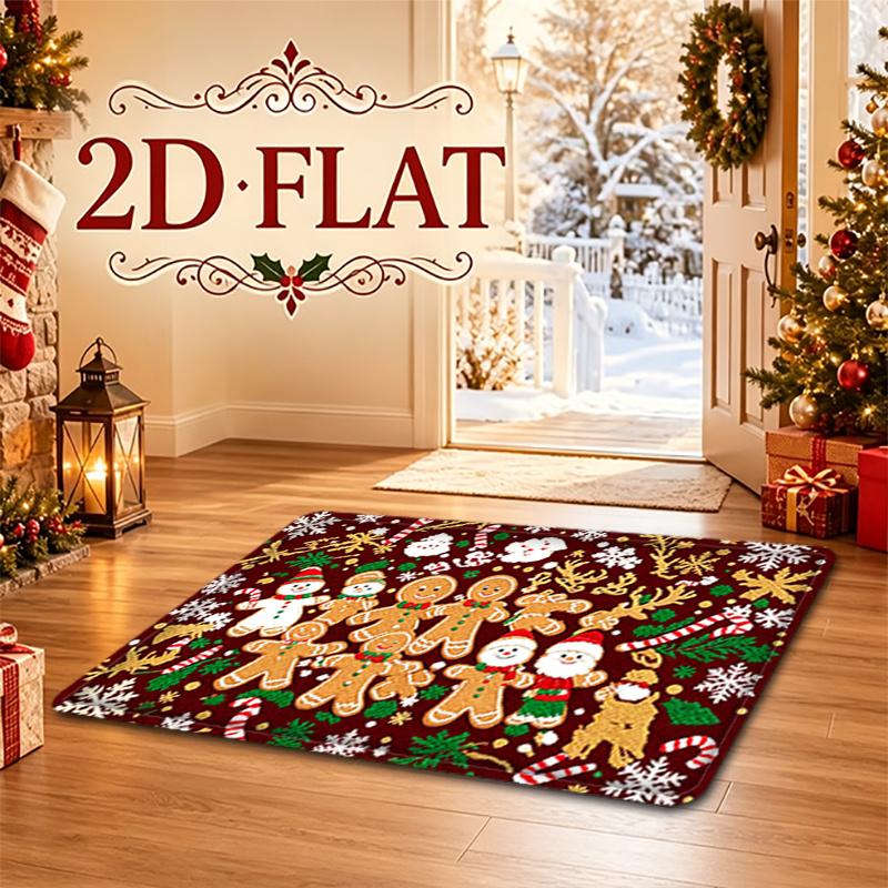 2D Printed Pattern Christmas Holiday Decorative Doormat, Soft Flannel Material, Featuring Snowman, Santa Claus, Gingerbread for Man, Candy Cane, and S