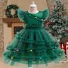Girls Princess Dress Cute Christmas Tree Mesh Solid Color Girls Dress Party Performance Costumes 2-10 Years Kids Clothes