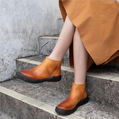 Ретро Универсальные Короткие Ботинки Круглый Носок Высококачественная Коровья Кожа Мягкая Подошва Женские Кожаные Ботинки