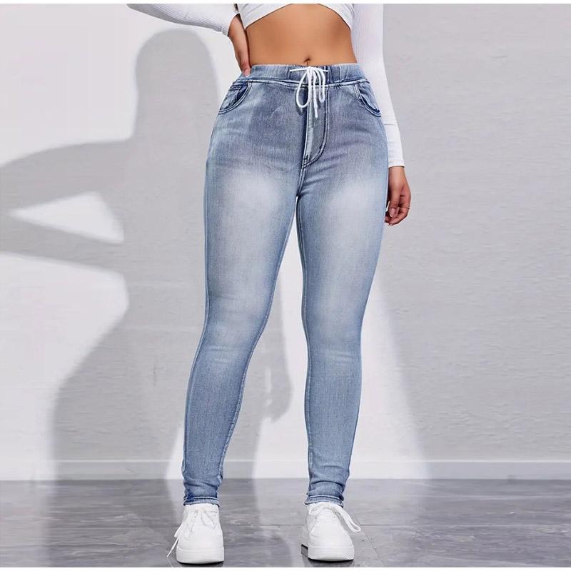 Женские леггинсы в стиле денима с высокой талией и завязками, облегающие однотонные обтягивающие брюки с приподнятыми ягодицами, весна 2025 г.