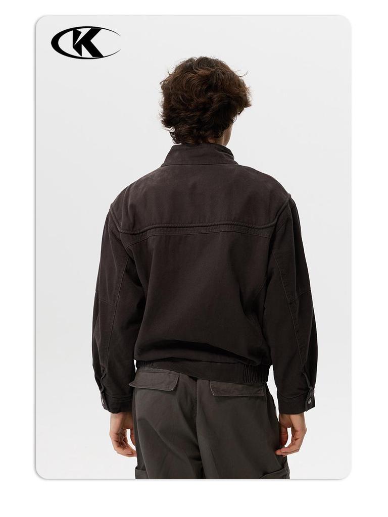 Унисекс Ретро Темно-коричневая куртка с авиационной пряжкой 11KN: Стирка, Потертый, Верхняя одежда с коротким воротником-стойкой