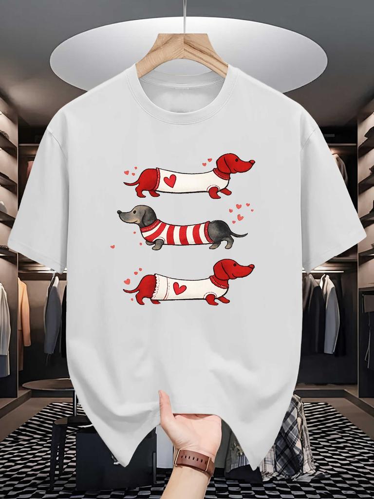 Unisex Crew Neck Tee Cute Dachshund Heart Graphic Print Soft Cotton Loose Breathable Short Sleeve Summer Casual Street Wear Tops