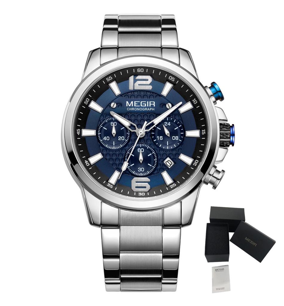 MEGIR Men's Quartz Wristwatches Stainless Steel Strap Chronograph Waterproof Man Military Watch Clock 24-hour Reloj Hombre 2156