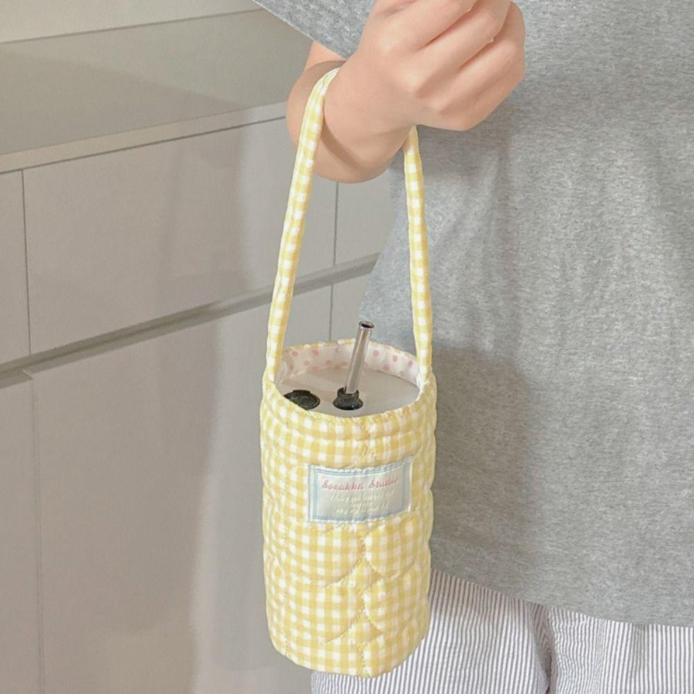 Plaid Design Water Bottle Protective Cover Heart Embroidery Thermos Cup Sleeve For Men And Women