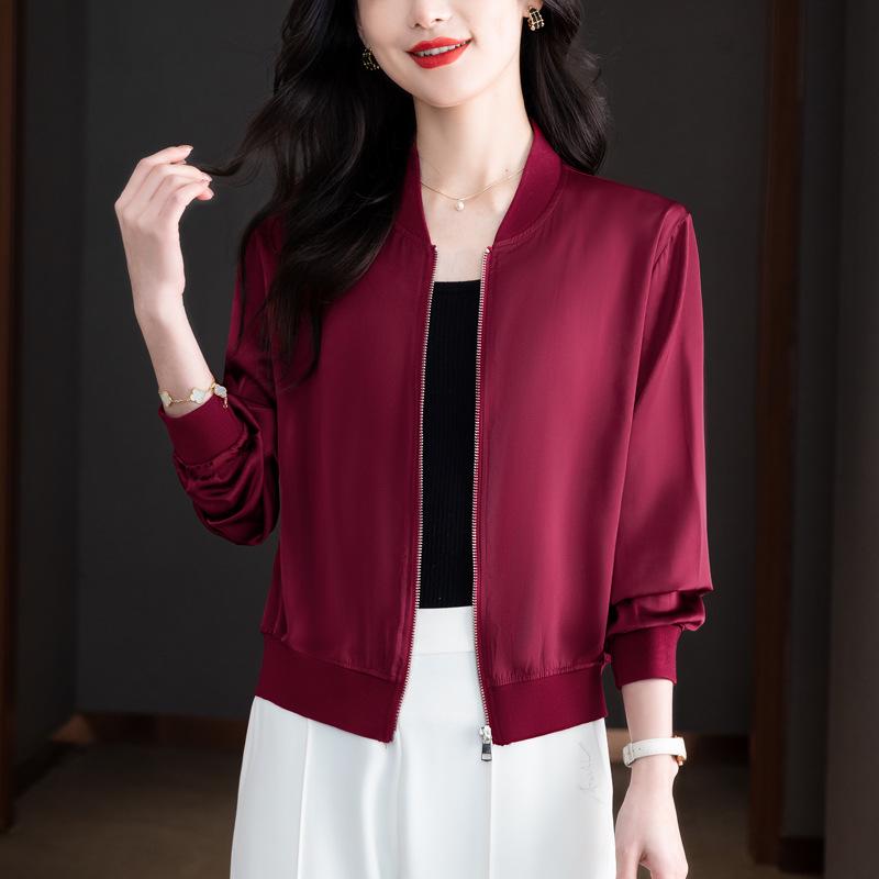 Весна 2024 Женская свободная бейсбольная куртка из ацетатного атласа - Повседневный короткий кардиган с длинными рукавами