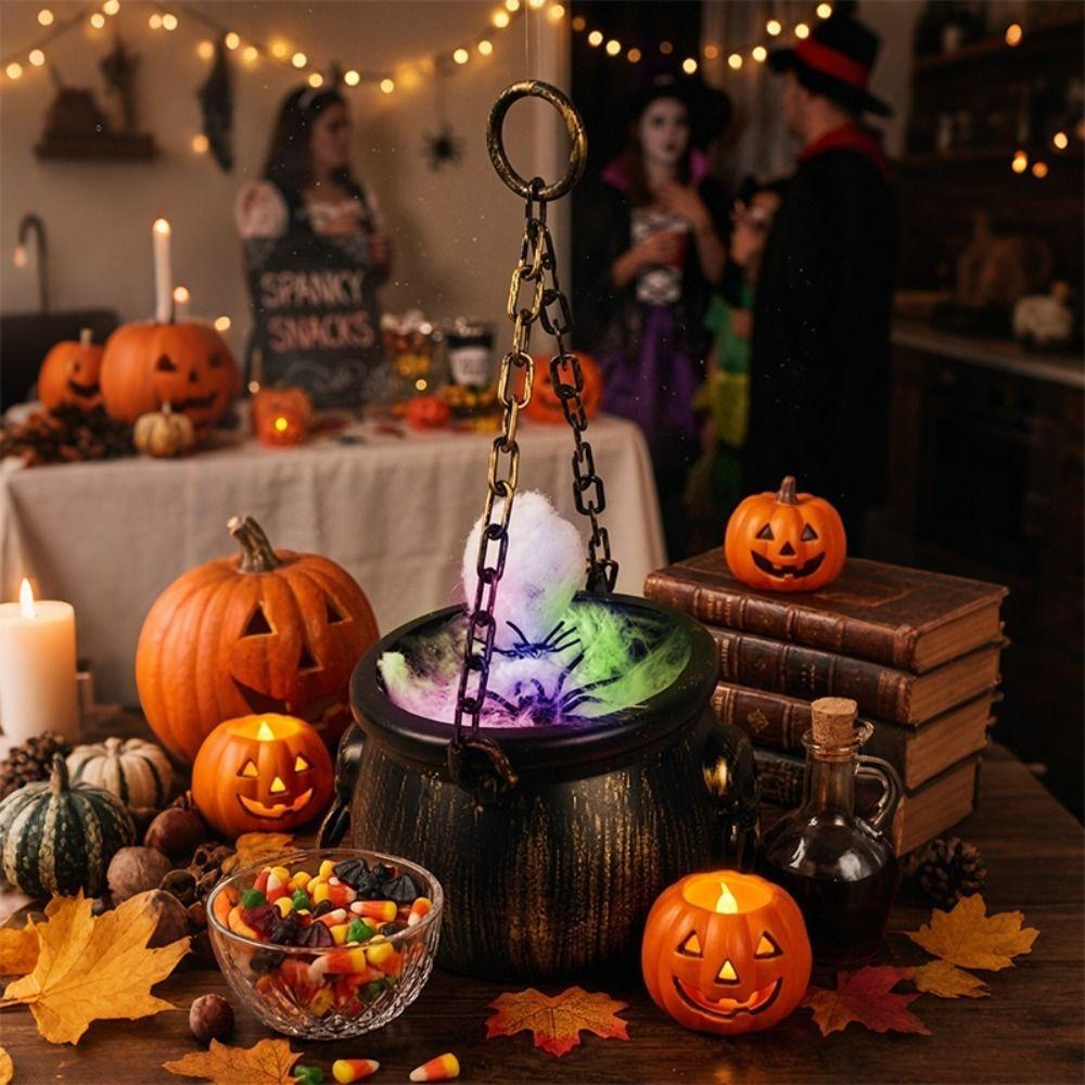 Black Halloween Cauldron Colorful Lighted Cauldron Ornament Witch Cauldron Home