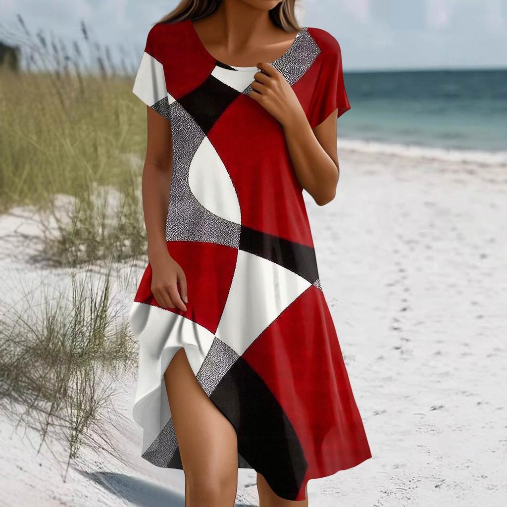 Short Sleeve Boho Dress For Women Casual Loose Fit Summer Sundress Floral Print Dress With Pockets