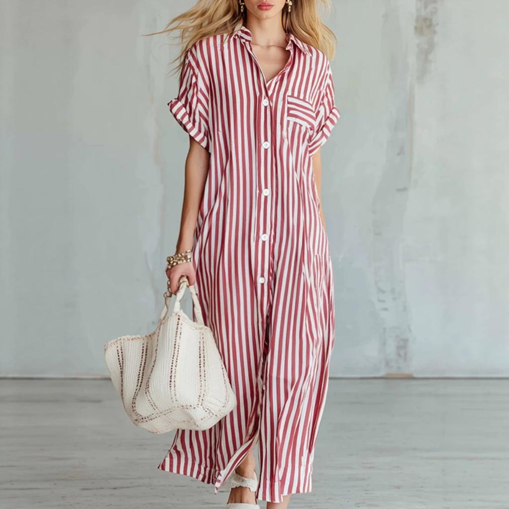 Summer women's fashion new loose lapel long striped shirt dress