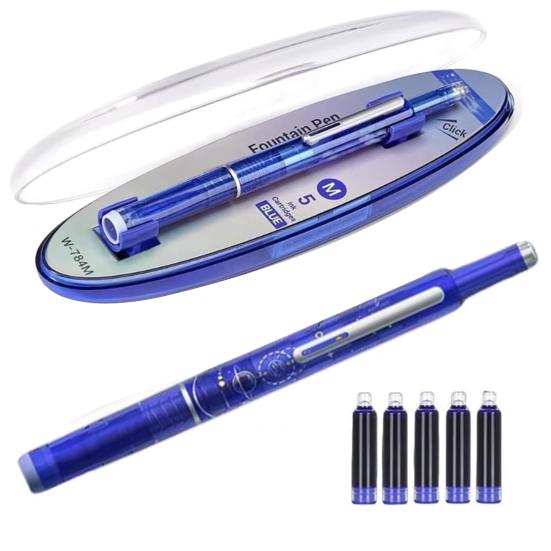 Retractable Fountain Pen Fine Nib Set 0.38mm Black/Blue Ink Transparent Barrel Pen with 5 Refillable Ink Cartridges for Sketching Journaling