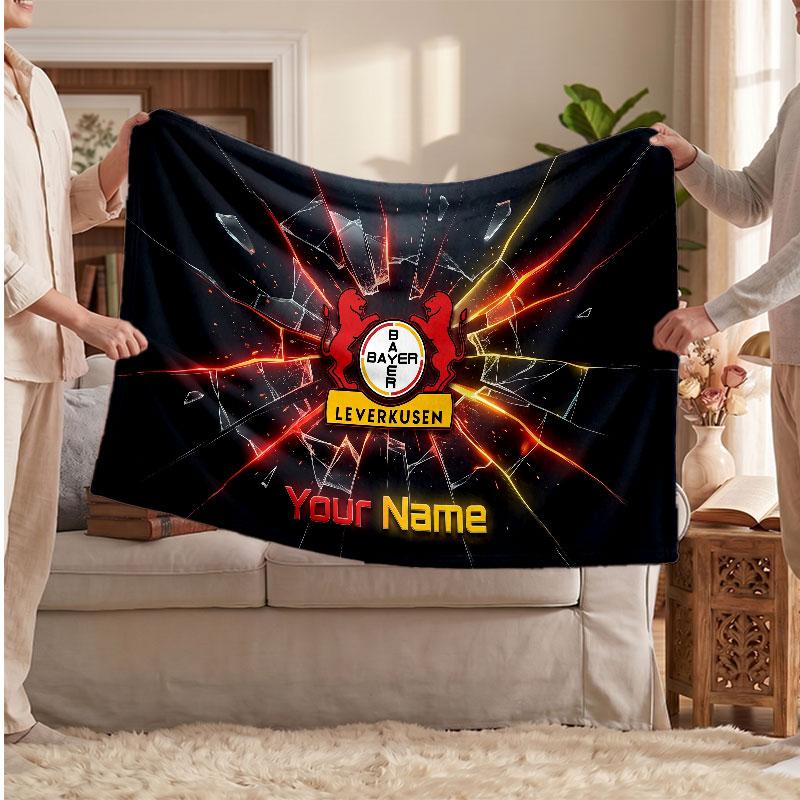 Bayer Leverkusen Football Personalized Fleece Blanket With Football Logo, Custom Name Text Soft Warm Home Throw Blanket