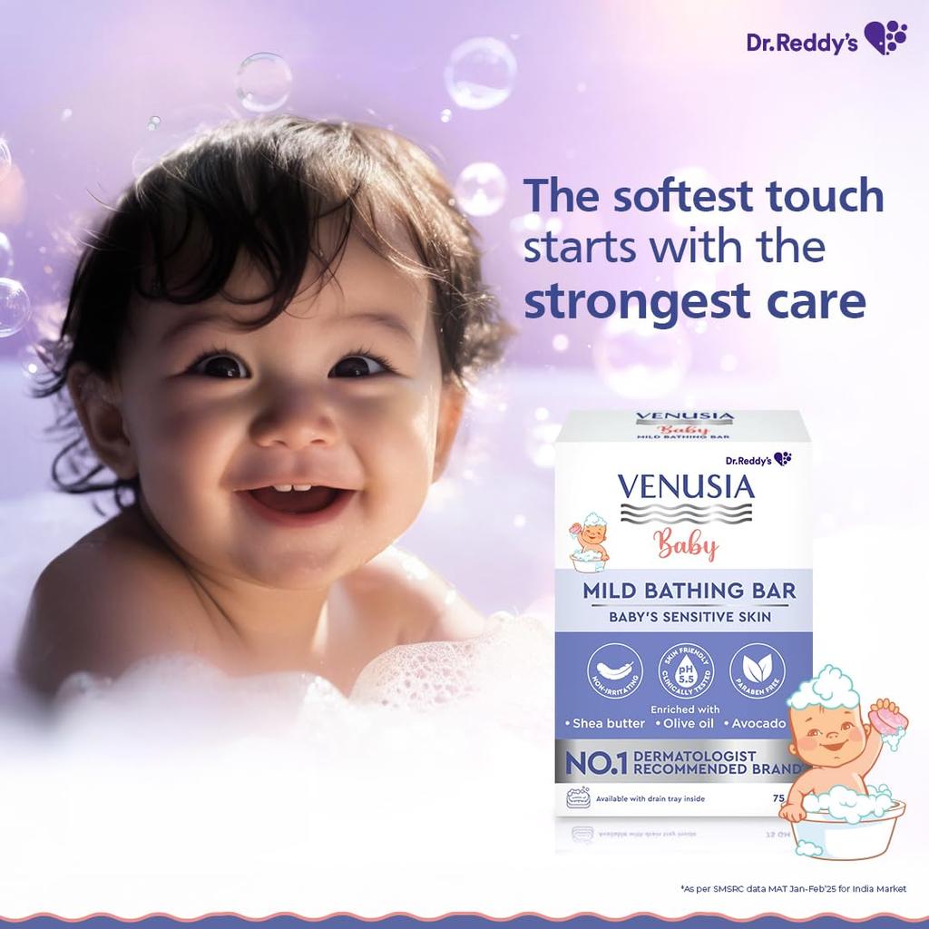 Venusia Baby Mild Bathing Bar 75g Pack of 1 | Gentle pH 5.5 Soap-Free Baby Cleanser | Non-Irritating, Paraben-Free
