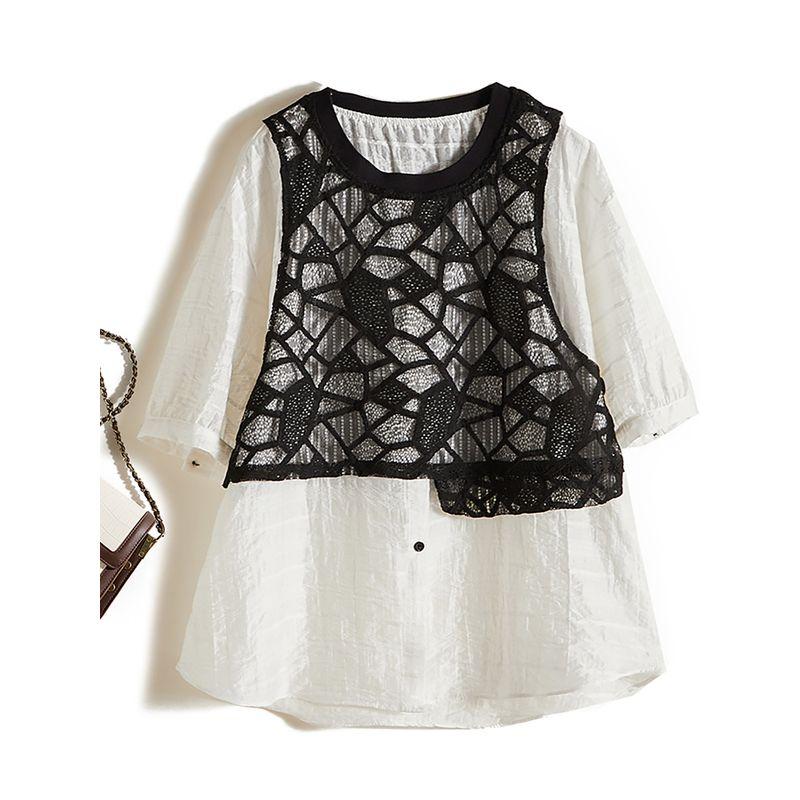Elegant Star Shirt! Women's Fake Two-Piece Ramie Cotton Breathable Stitching Floral Lace Long Sun Protection T-shirt Summer