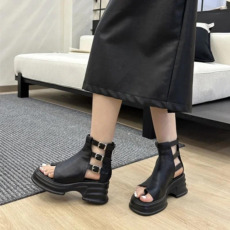 Сандалии на платформе с высоким берцем, женские, ретро, с открытым носком, с пряжкой на ремне, с полой подошвой, толстой подошвой, с молнией сзади, в римском стиле