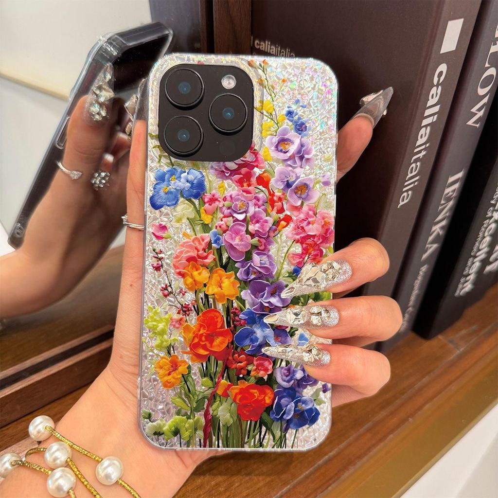 Чехол для iphone 16 Plus XS Max Air 13 18 Pro Max 11 XR 17 Pro 15 12 14 Серебряный Блеск Трескающийся Фон Цветущие Цветы