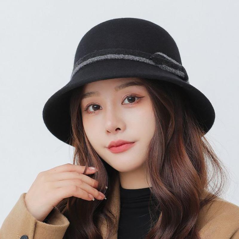Solid color wool bow visor, bucket hat, autumn and winter face small plush warm women's hat versatile