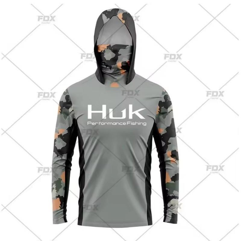 Новая мужская футболка HUK с длинным рукавом, капюшоном и маской для рыбалки, защита от ультрафиолета, дышащая, повседневная, спортивная