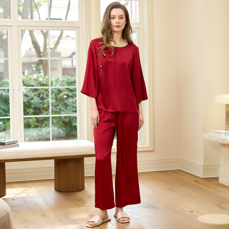100% Mulberry Silk Simple Chinese Style Buckle Home Suit Set for Women