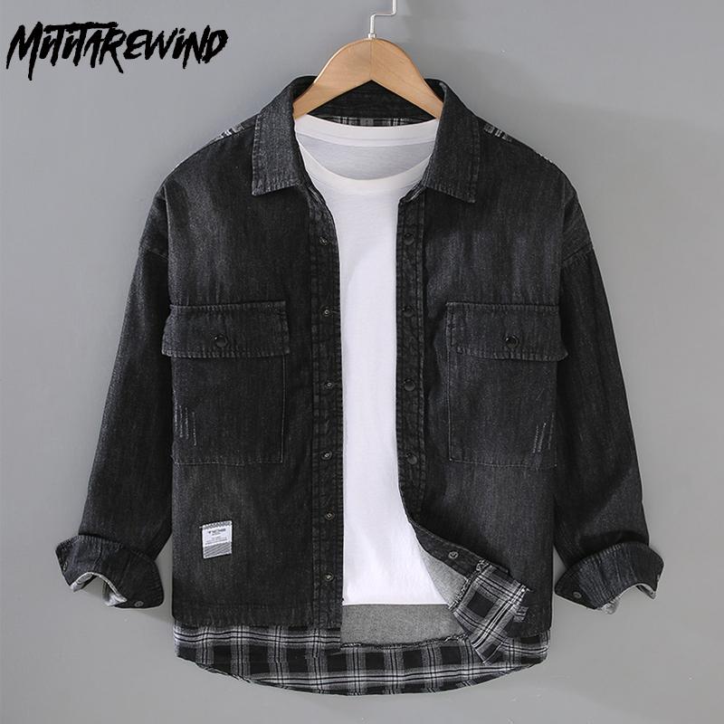 Весна/осень Чистый хлопок Повседневные джинсовые рубашки для мужчин Уличная одежда Две поддельные части Клетчатые пэчворк Свободные рубашки Стираная черная джинсовая рубашка
