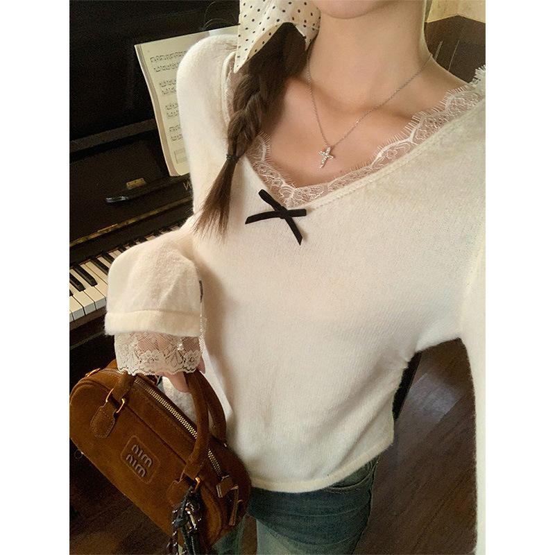 Женская рубашка из абрикосового кружева с V-образным вырезом и длинными рукавами из матового бархата с футболкой, новый стиль, осенне-зимний топ со складками на талии