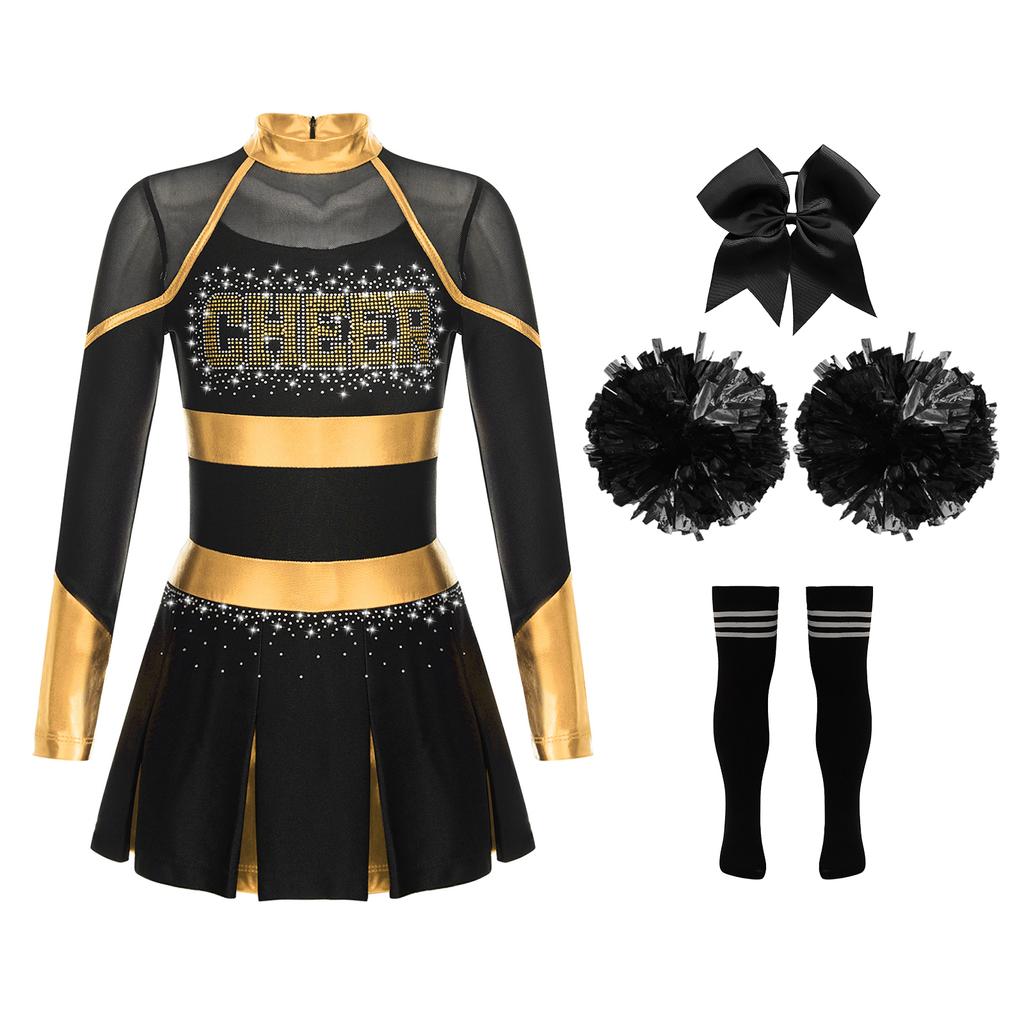 Girls Cheerleading Dance Outfit Halloween Fancy Dress Up Long Sleeve Dress Cheer Leader Uniform Masquerade Cosplay Outfits