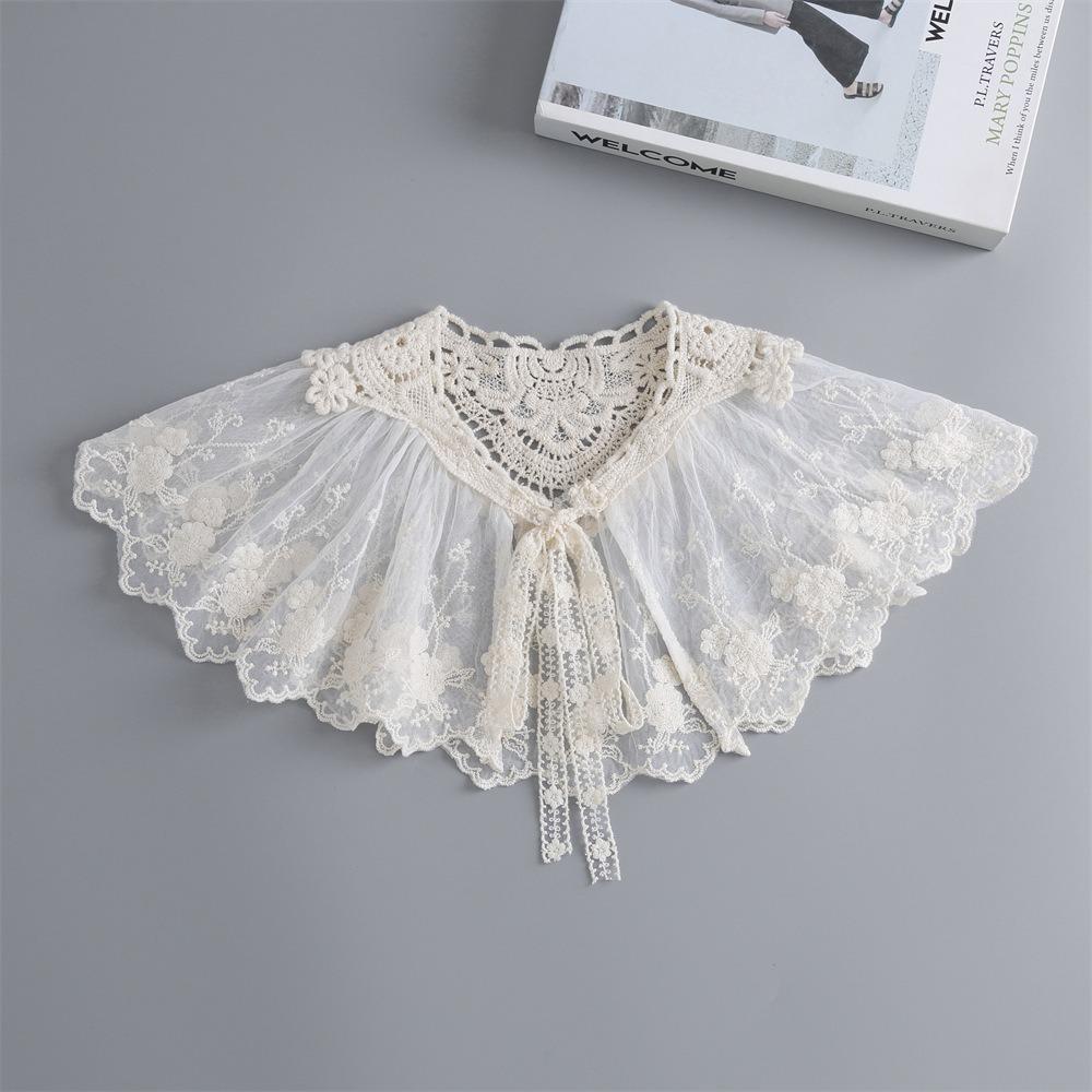 Elegant Embroidery False Collar Floral Lace Bowknot Lace-Up Scarf Detachable Chiffon Pleated Collar Women
