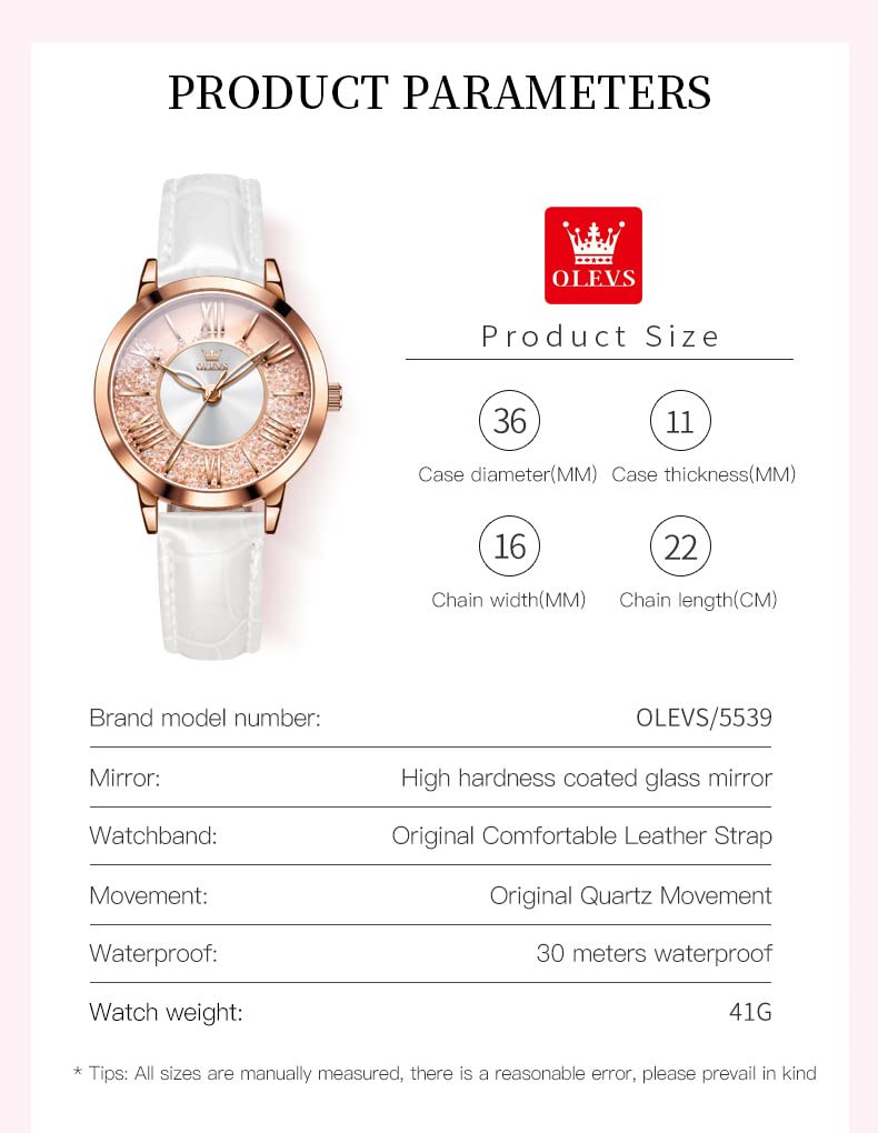 OLEVS Watch Rose Gold Dial with Quicksand Quartz White Women's - Popular, Cute, Sparkling, Diamonds, Movement, Waterproof, Luminous, Gift,