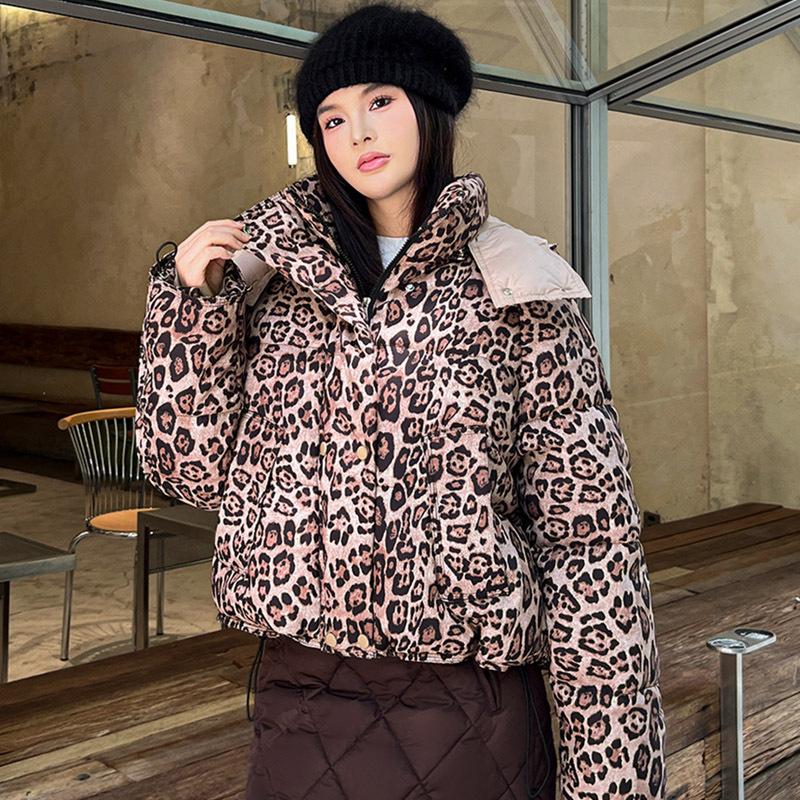 Хлопковое пальто в винтажном стиле с леопардовым принтом, зимнее, последнее, нишевое, с воротником-стойкой, пальто-пуховик, хлопковый пуховик