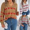 Autumn Winter Vintage Loose Long Sleeve Top Heart Print Cardigan Knitwear V-Neck Sweater