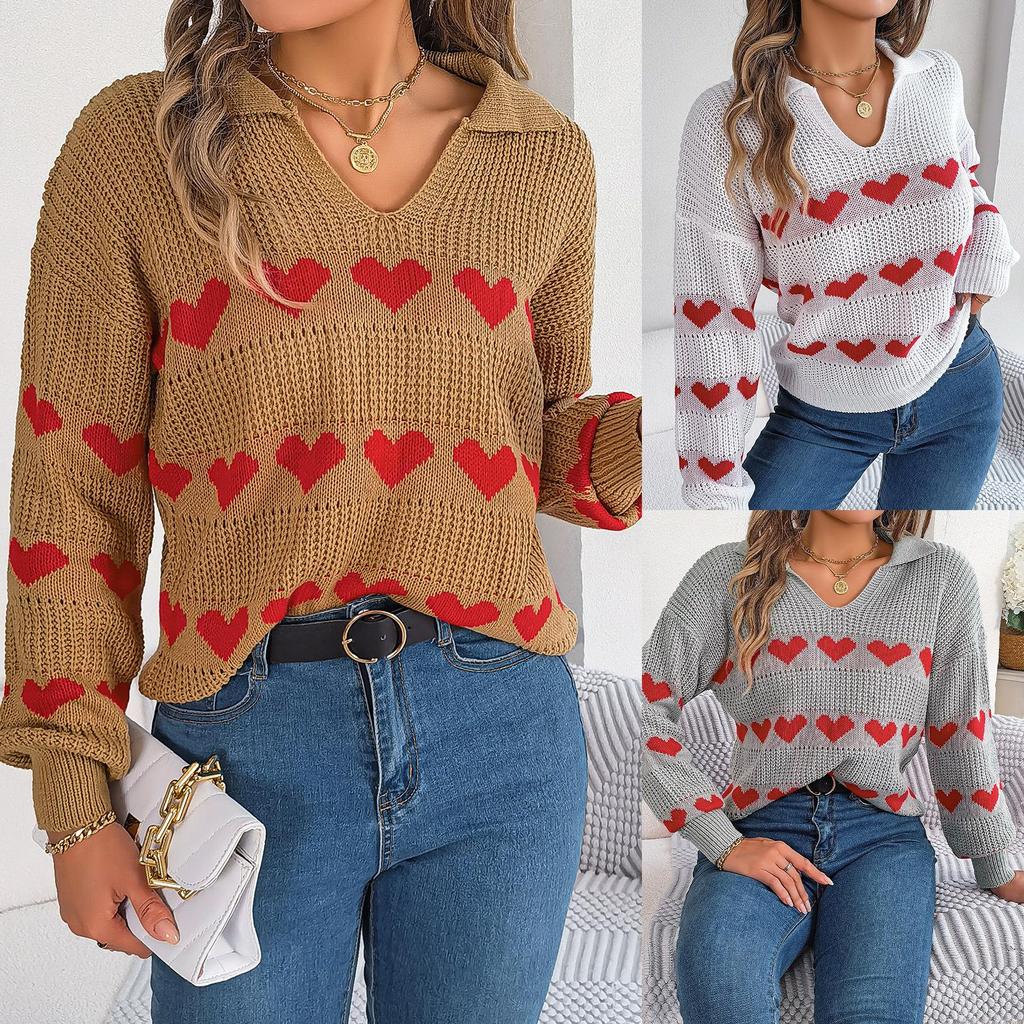 Autumn Winter Vintage Loose Long Sleeve Top Heart Print Cardigan Knitwear V-Neck Sweater