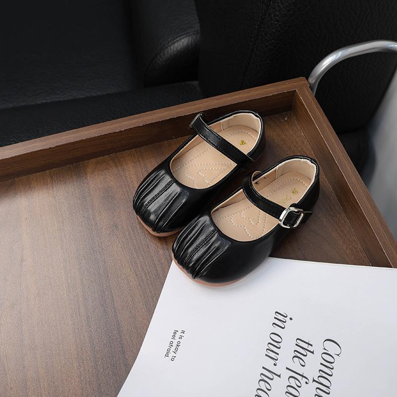 Simple Little Girl Leather Shoes Solid Color Pleated Children's Flats Fashion Versatile Kids Causal Walking Shoes Spring Autumn