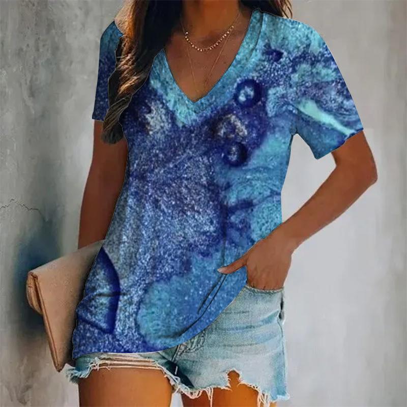 Женская новая футболка с короткими рукавами и V-образным вырезом, цветной принт, короткий рукав, свободный женский топ, дышащая футболка в стиле Y2K